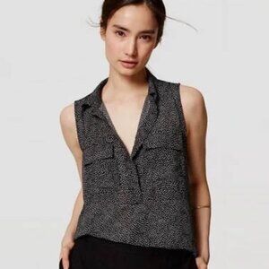 Ann Taylor Loft Black and White Patterned Sleeveless Collared Top | S